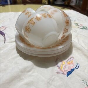 Vintage Termo- Rey Floral Milk Glass Cups and Saucers Set